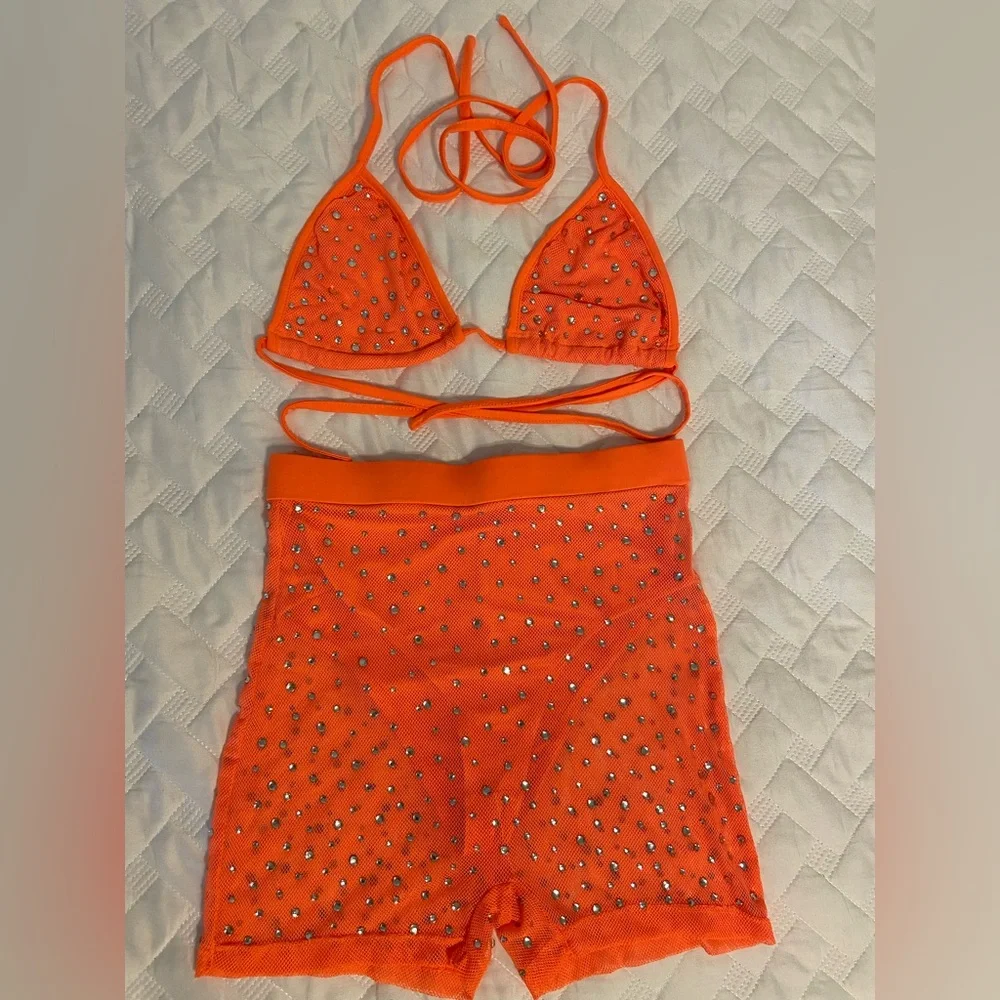 Orange Rhinestone Mesh Rave Set - Picture 1 of 1